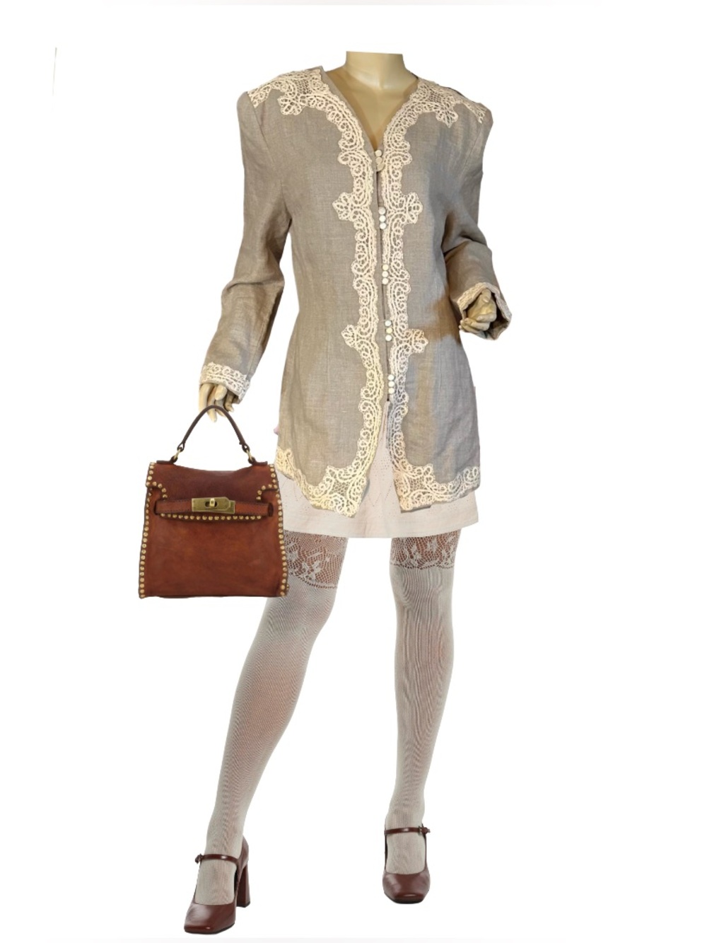 VINTAGE 1990S MARIE ST. CLAIRE BEIGE & CREAM LACE LINEN BLAZER (12)